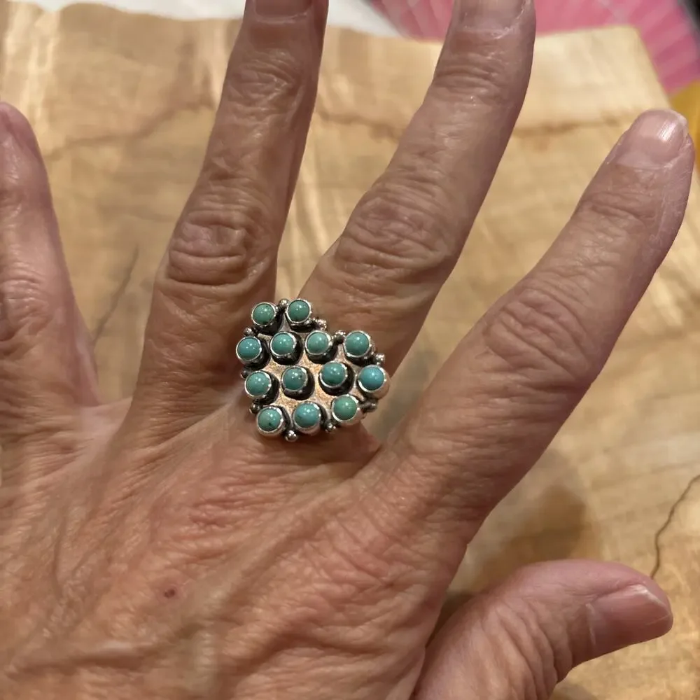 Native American Turquoise Heart Cluster Ring Signed M.C. Perry Valentines Love - Picture 6 of 6
